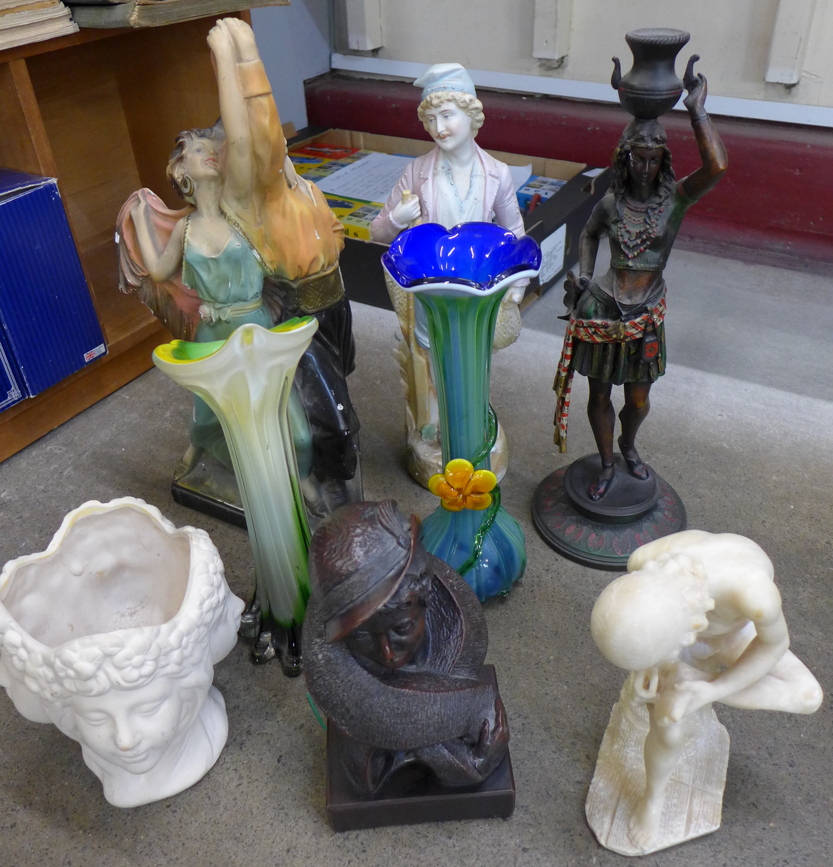 A 1950's chalk figure of Spanish dancers, a bisque figure, candlestick, two studio glass vases, etc.