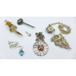 Silver jewellery including a hallmarked Scottish silver pendant and thistle brooch