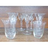 Six Art Deco style glasses and three others
