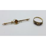 A Victorian 15ct gold ring, Chester 1887, and a 9ct gold brooch, (ring 2g, Q, brooch 2.