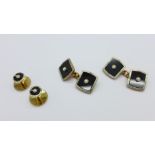 A pair of 9ct gold, pearl and onyx cufflinks and two similar studs, 7.8g, in a William H.