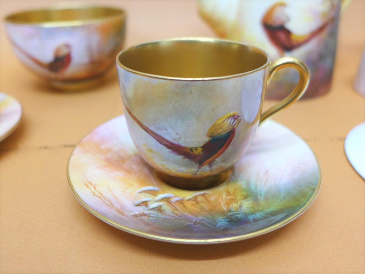 A Royal Worcester Walter Sedgley coffee set, six setting, with coffee pot, cream and sugar, - Image 6 of 7