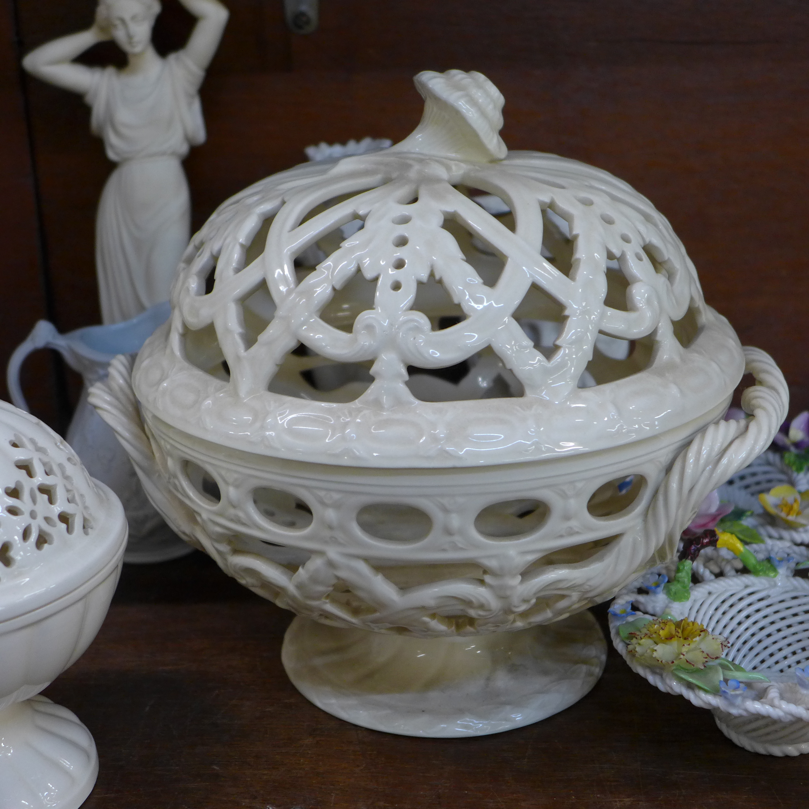 Two pierced creamware lidded bowls, marked Leeds ware and Wedgwood, a figural clock, two vases, - Image 2 of 2