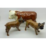Two boxed Beswick Pampered Pooches French Bulldogs and a figure of a bull
