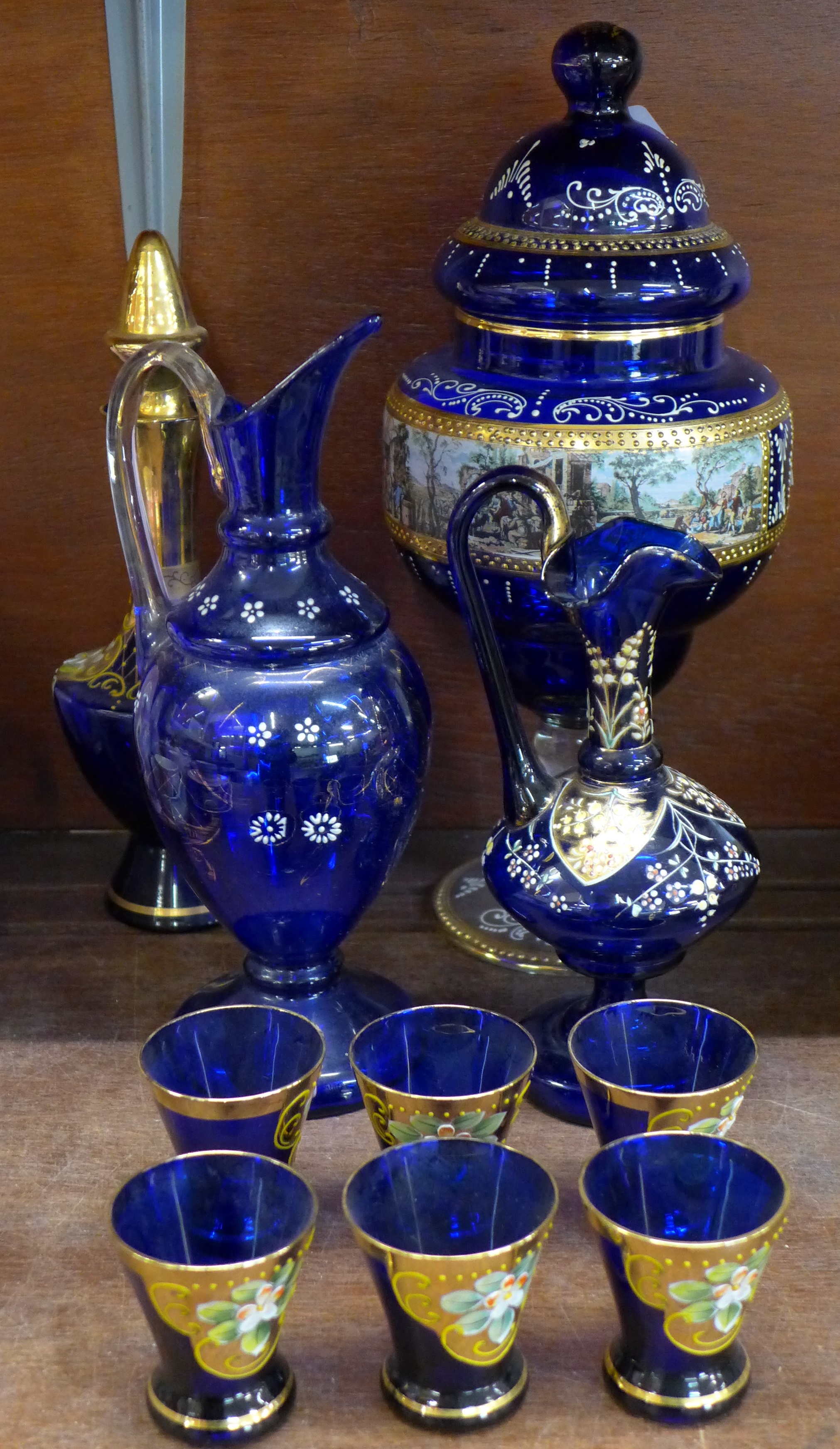 A Bohemian blue glass liqueur set with six glasses,