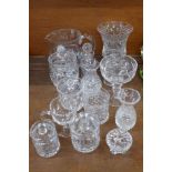 A collection of cut glass including preserves and jugs,