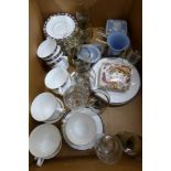 A box of china and glass including Royal Crown Derby Kedleston teaware, an Olde Avesbury dish,