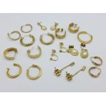 Three pairs of 9ct gold earrings, 2.7g, a single 18ct gold earring, 0.9g, and other earrings, etc.