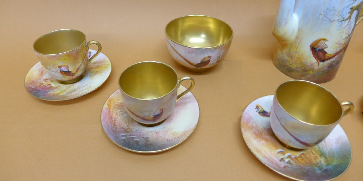 A Royal Worcester Walter Sedgley coffee set, six setting, with coffee pot, cream and sugar, - Image 2 of 7