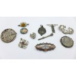 A Victorian silver horseshoe brooch, other brooches, one lacking pin, etc.