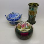 A small Arts and Crafts vase and two lidded pots including Willow, vase 14cm,