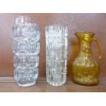 Two vintage Czechoslovakian glass vases, one a/f, and a jug marked Italy,