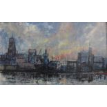 Paul Mann (1907 - 1994), industrial skyline, acrylic, 44 x 73cms,