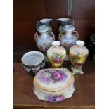 Three pairs of vases, a trinket box and a Shelley vase,