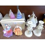 Two Royal Doulton Pretty Ladies figures, Autumn Breeze and Fair Lady, four Coalport figures,