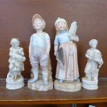 Two pairs of bisque figures, boy of small pair a/f, tallest 32.