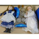 Assorted costume dolls, two prams, etc.