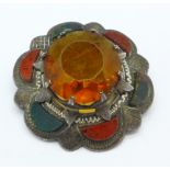 A Scottish style white metal Cairngorm and agate brooch,