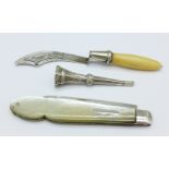 A Victorian silver and mother of pearl fruit knife by George Unite,