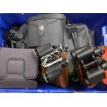 Assorted cased binoculars including Swift Saratoga 8x40 and Miranda, camcorder, etc.