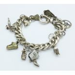 A silver charm bracelet with ten charms, (five charms white metal), 46.