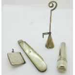 A silver candle snuffer, a silver penknife,