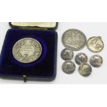 A Victorian silver crown, five Art Nouveau silver buttons, Birmingham 1902, a silver swimming medal,