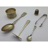 Six silver items including a Victorian spoon,