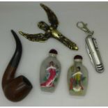 Two Chinese scent bottles, a pipe, a/f, etc.