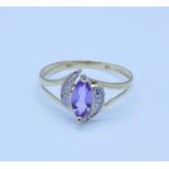 A 9ct gold, amethyst and diamond ring, 1g,