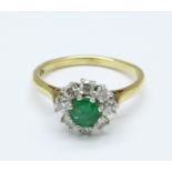 A 9ct gold, emerald and diamond cluster ring, 3.