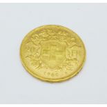 A 1930 Swiss gold 20 francs coin, .900 fineness, 6.