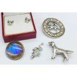 Silver jewellery including a dog brooch and earrings