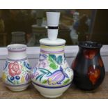 Two Poole Pottery vases and a Poole Pottery lamp base