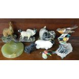 A cold painted bronze pheasant ashtray with onyx case, a Beswick ram,