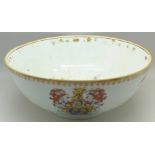A Chinese export armorial bowl, a/f, diameter 26.
