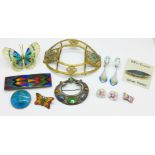 Enamel jewellery and two buckles,