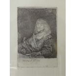 After Rembrandt Van Rijn (1606 - 1669), man at a desk wearing a chain and cross, etching, no.