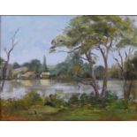 Patricia Herd, river landscape, oil on board, 34 x 45cms,