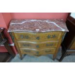 A French Louis XV style mahogany and parquetry inlaid serpentine petit commode,