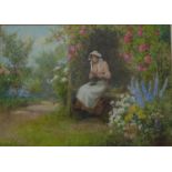 John Fischer, girl in a summer garden, watercolour, 26 x 36cms,