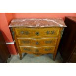 A French Louis XV style mahogany and parquetry inlaid serpentine petit commode,