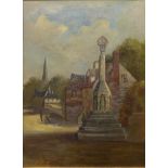 English School (19th Century), village landscape with figures by a monument, oil on canvas,