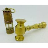 A small brass gavel and a small commemorative miner's lamp, marked Sir Humphry Davy,