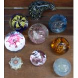 Nine glass paperweights including Strathearn,