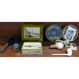 A Sir Winston Churchill bottle stop, a/f, a copper candle snuff,