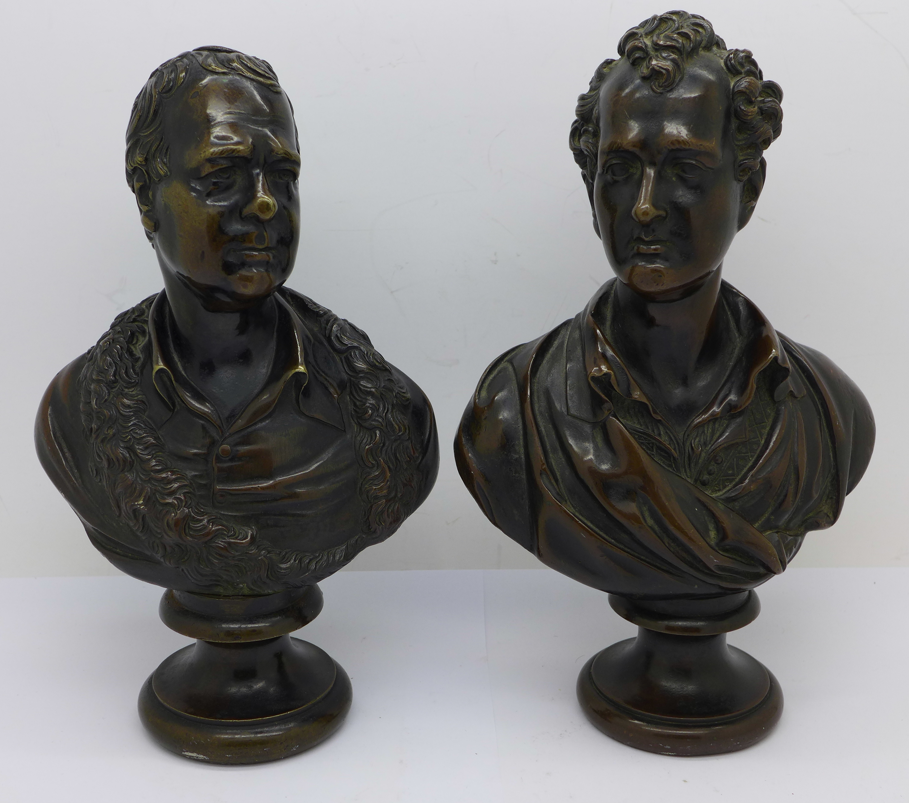 Two 19th Century bronze busts, one of Byron and the other bearing inscription 'Pub. By W.K.