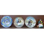 A Royal Doulton The Old Balloon Seller figure and three Royal Doulton plates