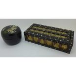 A porcupine quill box (possibly for dominoes) and a Victorian circular black lacquer trinket pot