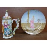 A French hand painted porcelain charger and a Naples porcelain tankard,